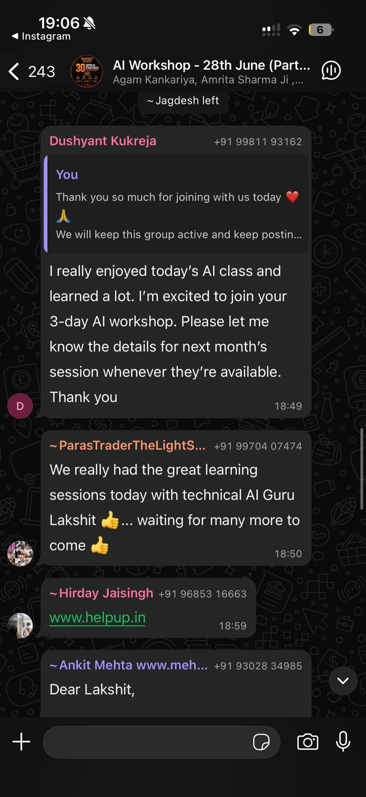 WhatsApp feedback from workshop attendees — screenshot 2