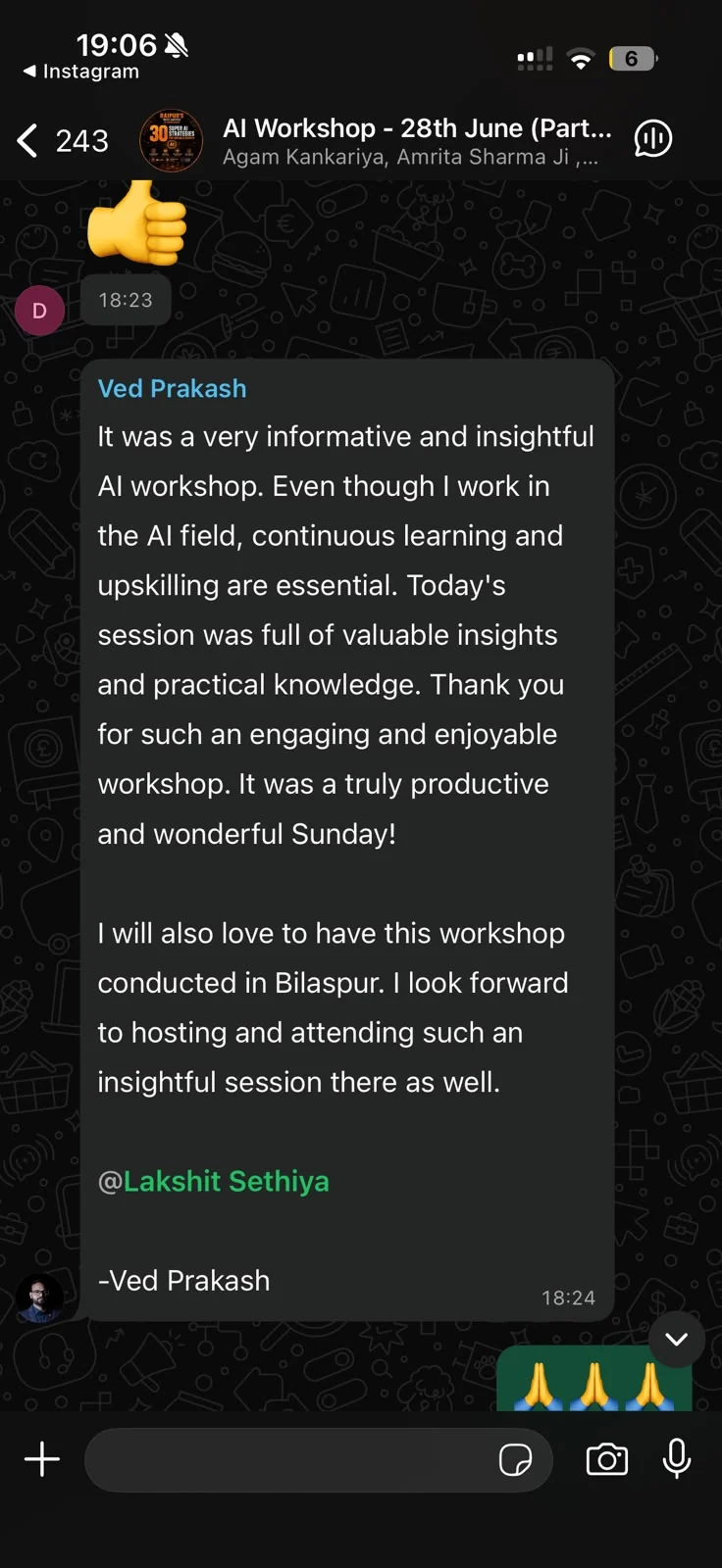 WhatsApp feedback from workshop attendees — screenshot 3