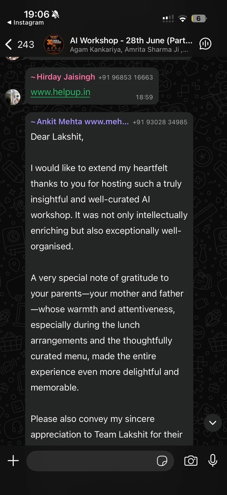 WhatsApp feedback from workshop attendees — screenshot 1