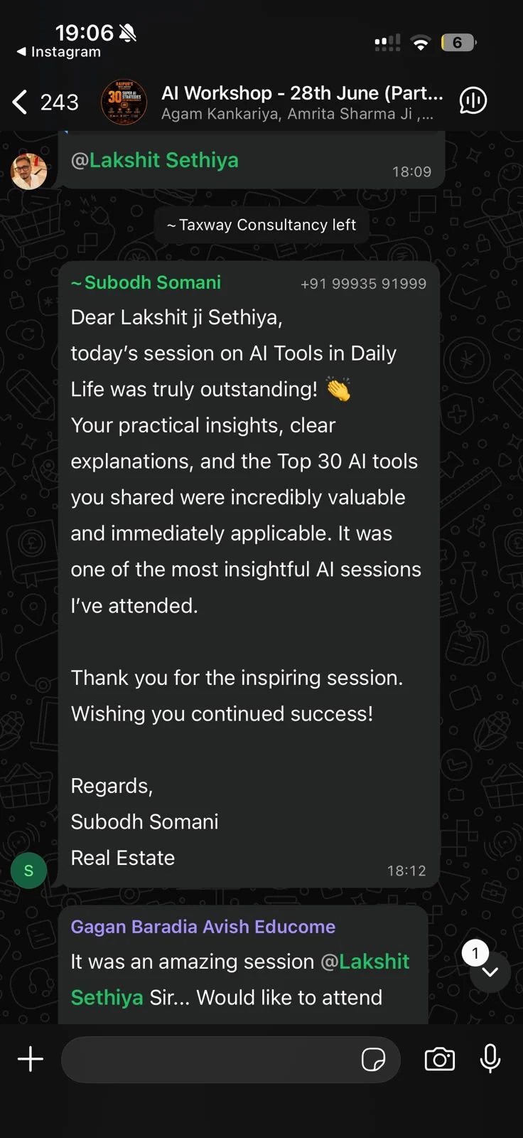 WhatsApp feedback from workshop attendees — screenshot 4
